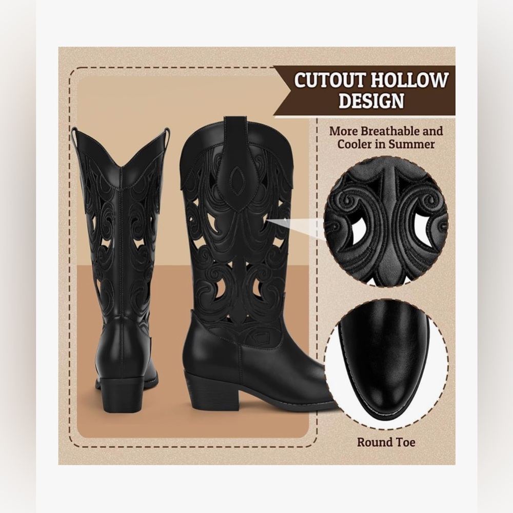 Black Cutout Hollow Design Cowboy Boots for Women